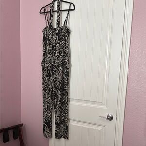 Lane Bryant Black and Cream Sleeveless Jumpsuit with Abstract Print